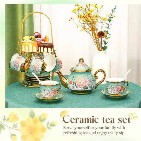 20 Set Set 6 Pcs Porcelain Tea for Adults with Metal Holder and Spoon European Ceramic Tea Party Flower Painting Teapot