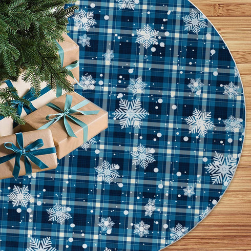 Christmas Tree Skirt, 48 inches Blue Buffalo Plaid with White Snowflake for Holiday Party Decorations