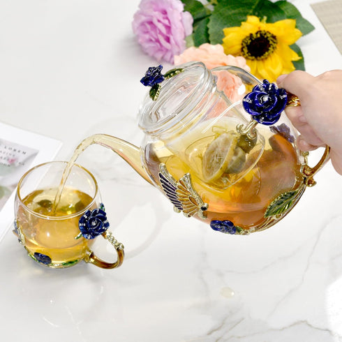 46oz/1300ml Enamel Glass Teapot With Rose Flower Butterfly And Gold Edge,Blue Rose Teapot With Infuser And Lid