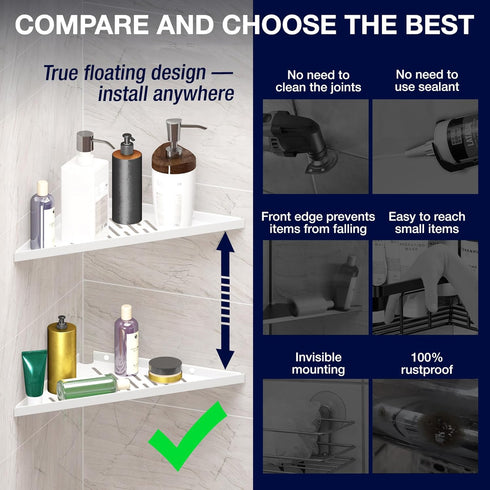 iReef way 14" Corner Shower Shelf for Inside Shower - Adhesive/Stick/Drill/No Drill - Floating Strong White Corner