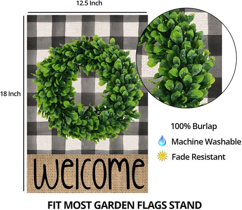 Welcome Summer Garden Flag for Outside - Buffalo Plaid Boxwood Wreath Small Yard Flag, 12x18 Double Sided