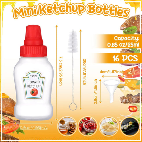 16 Bottles,25ML pcs Mini Ketchup Condiment Squeeze Bottles Plastic Sauce Container for Kids Lunch box Portable