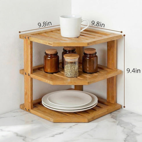 Countertop, 3-Tier 3 (9.5, Plate Organizer for Cabinet and Kitchen Bamboo Corner Shelf - Space Saver, Tier Shelf