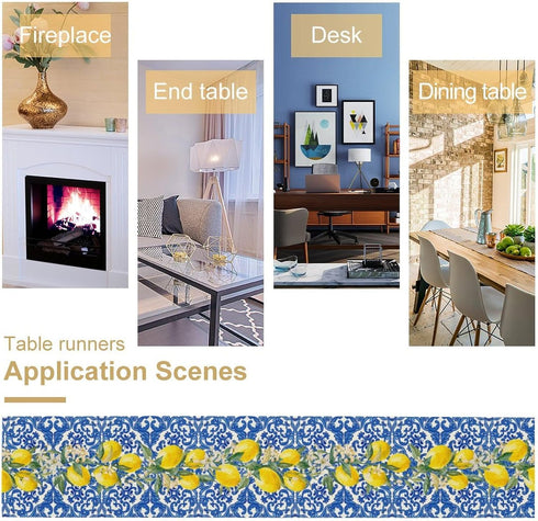 UEQIKI Summer 13x72 Inch Blue Tiles Lemon Table Runner for Home Party Decorations Seasonal Washable Kitchen Dining