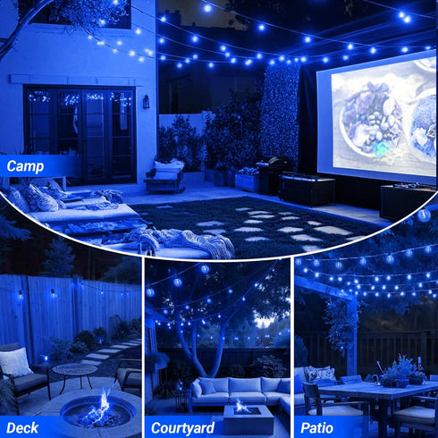26FT 12+1 Bulbs, LAMPHOME Blue LED Outdoor String Lights, Patio Lights with Shatterproof Edison UL Waterproof