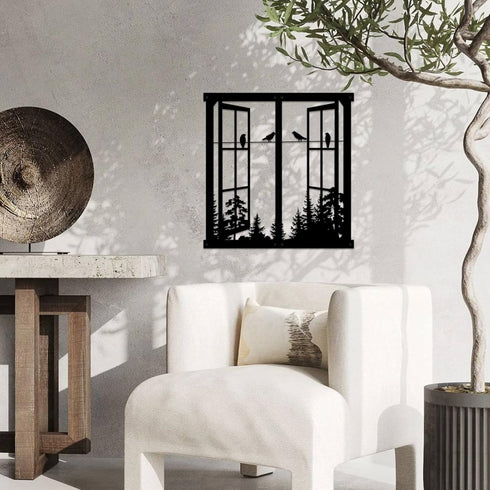 Resama Metal Wall Art, Birds In the Window Landscape Wall Hanger, Mountain and Forest Nature Decor, Unique Large Wall