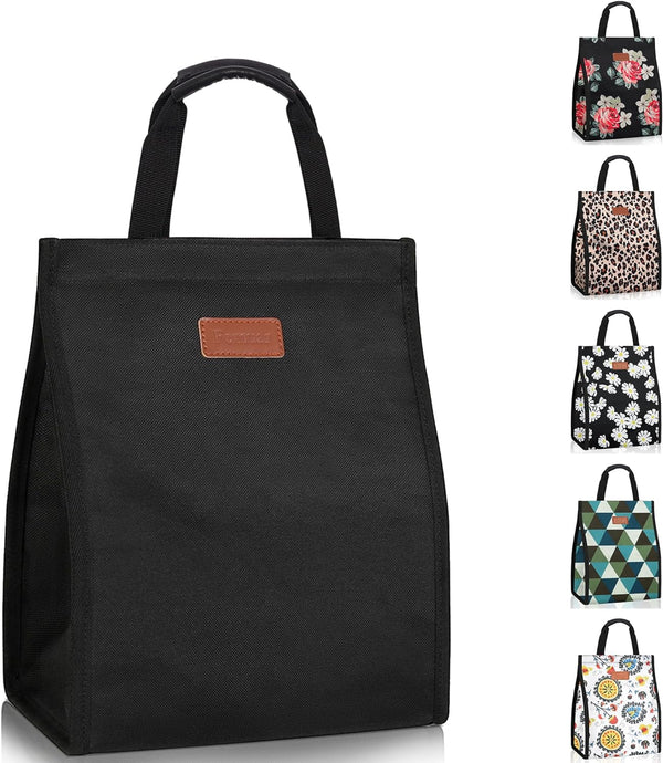 Insulated Lunch Bags for Women - Reusable Lunch Tote with Internal Pocket, Adult Lunch Tote Bag for Work - Black