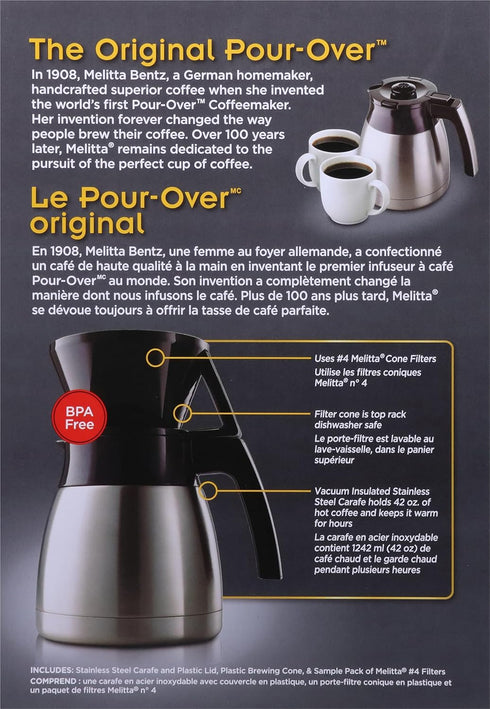Set 42 Set Melitta Pour-Over Coffee Brewer & Stainless Steel Carafe with Coffee Filters, Ounce