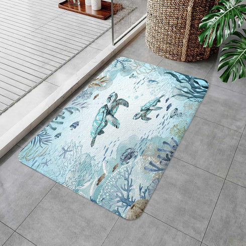 Sea Turtle Bath Rugs for Bathroom, Teal Blue Ocean Beach Coastal Funny Animal Nautical Starfish Fish Non Slip Flannel Bathroom Rug, Dry Fast Water Absorbent Bath Mats, 17x29 Inch by Hjokiupt