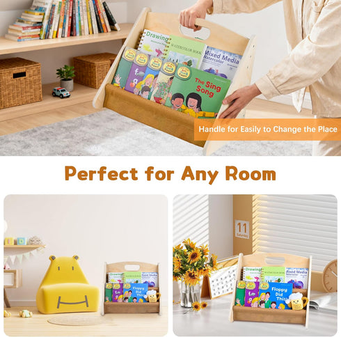 AZSKY Double Sided Toodler Book Shelf, Small Wooden Book Storage for Kids, Brown Mini Children Book Holder for Baby