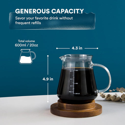 Glass Range Coffee Server for Pour Over Coffee & Tea, 600ml/20oz Ovalware Microwave Safe & Heatproof 2.5mm Thick Glass