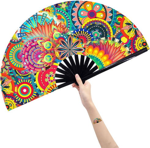 Amajiji Large Folding Hand Rave Fan, Popping Fan for Line Dancing, Party, Decoration, Festival (Dream Flower)