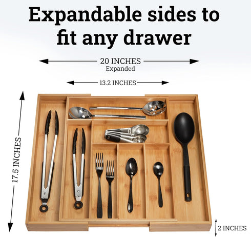 Dynamic Gear Premium Bamboo Drawer Organizer, Silverware Organizer, 100% Pure Bamboo, Adjustable Utensil Organizer, Kitchen Drawer Organizer, Silverware Tray for Drawer (6-8 slots) by Dynamic Gear