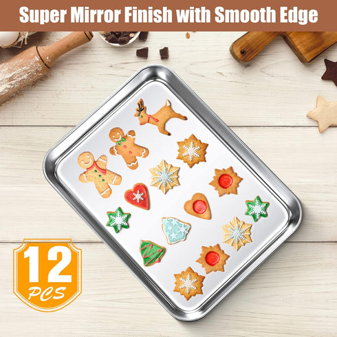 Baking Sheet Pan Set, 12 Pcs Non-Stick Cookie Sheet Small Toaster Oven Pans, Easy Clean Stainless Steel Trays