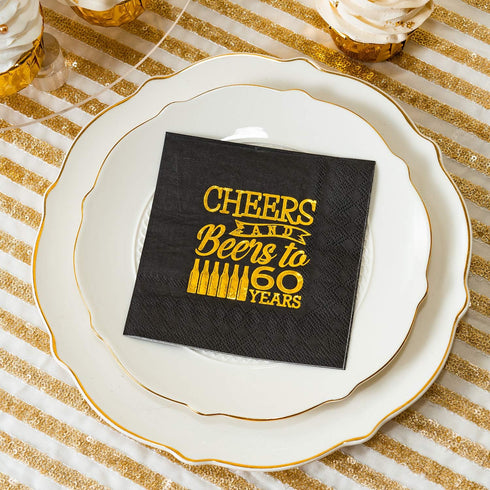 Crisky Cheers to 60 Years Napkins, Black and Gold, 60th Birthday Decorations, 60 PCS, 3-Ply