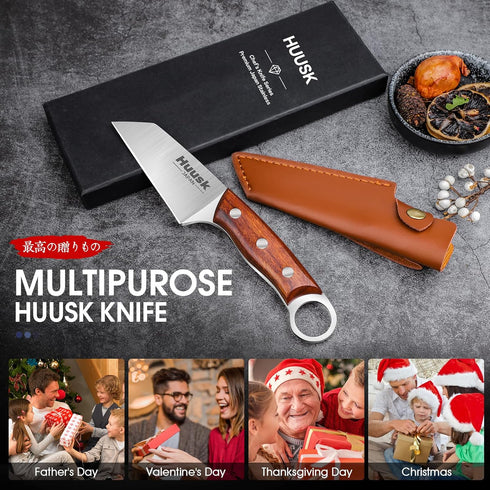 Huusk Japan Small Meat Knife, Portable Kitchen Knives for Steak, Fruit, Carbon Steel Boning Knife, Vegetable Knife with