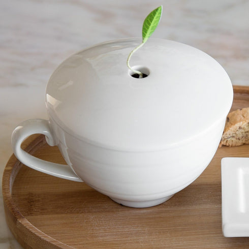 8 oz., Tea Forte Cafe Cup White Porcelain Tea Cup and Lid, Steeps Microwave and Dishwasher Safe