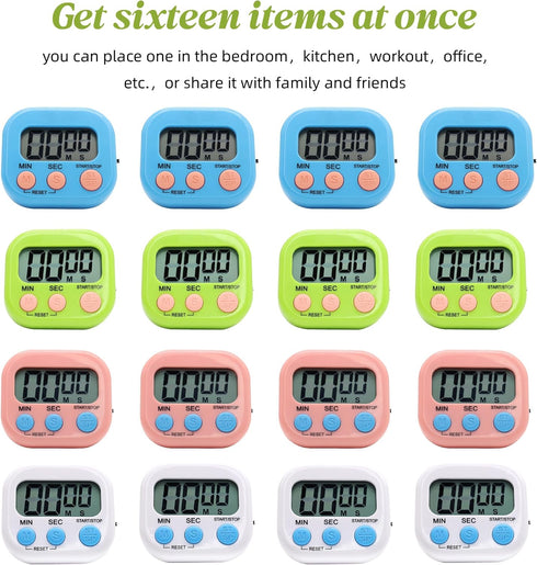 BXF SPORTS 16 Pack Multi-Function Electronic Timer - Kitchen Timer,Magnetic Digital Timers,Big LCD Display, ON/Off