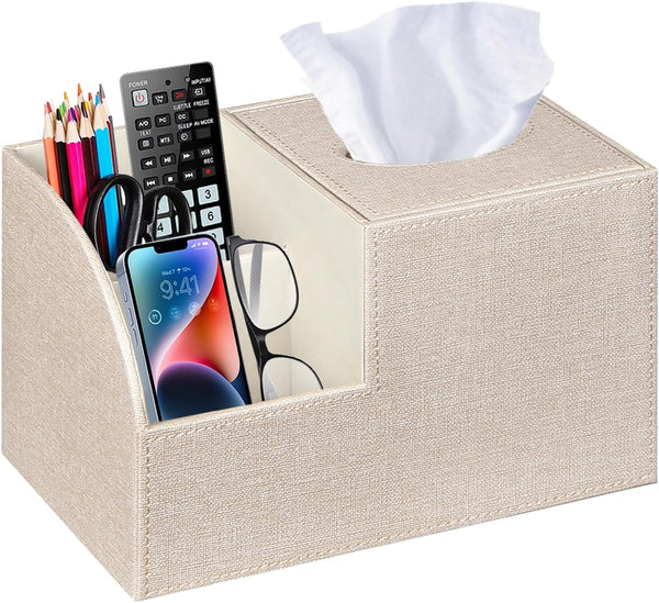 PU Leather Square Tissue Box Cover, Multi-Functional Holder for Tissue and Remote Control Storage