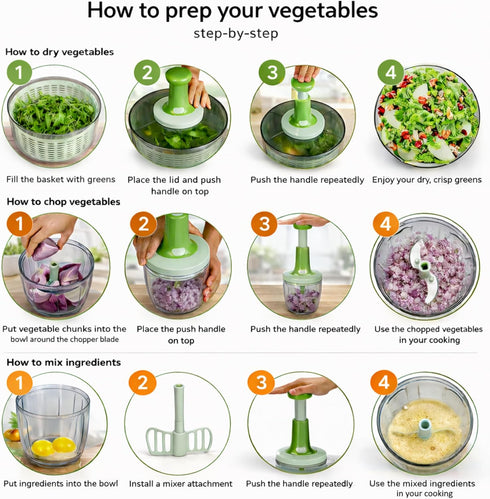 6.3-Quart 0.95-Quart Brieftons Salad Spinner and Chopper: Large Lettuce Greens Vegetable Washer Dryer, with Bonus