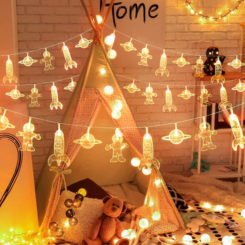 20 LED Children's Room LED String Light Astronaut Spaceship Rocket Pendants Holiday Party Lights Wall Window Nursery
