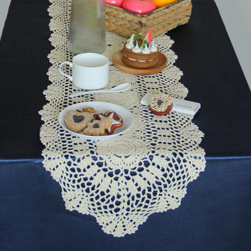 kilofly Handmade Crochet Lace Rectangular Table Runner 11 x 43 Inch, Beige