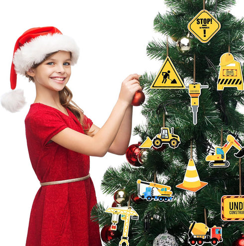 24 Pieces Christmas Ornaments Construction Wood Ornaments with Rope Trucks Hanging Wood Signs Truck Digger Cutouts Traffic Zone Wood Xmas Decoration for Tree Home