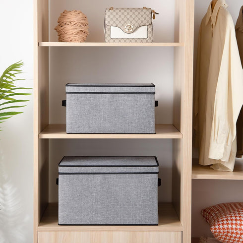 Fabric Storage Boxes, 7.1 x 9.1 x 13 Inch Bins with Lids, Decorative Linen Closet Organizers with Handles, Small, Gray
