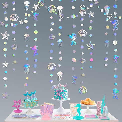 40 Ft Iridescent Mermaid Garland with Jellyfish, Seashell, Starfish, Pearl Holographic Paper Streamer for Under The Sea