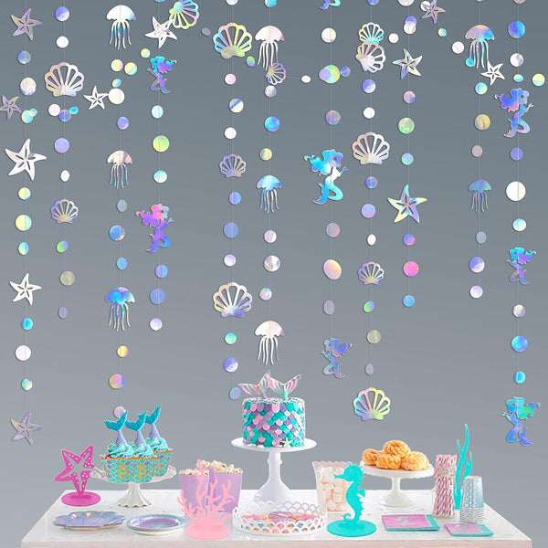 40 Ft Iridescent Mermaid Garland with Jellyfish, Seashell, Starfish, Pearl Holographic Paper Streamer for Under The Sea