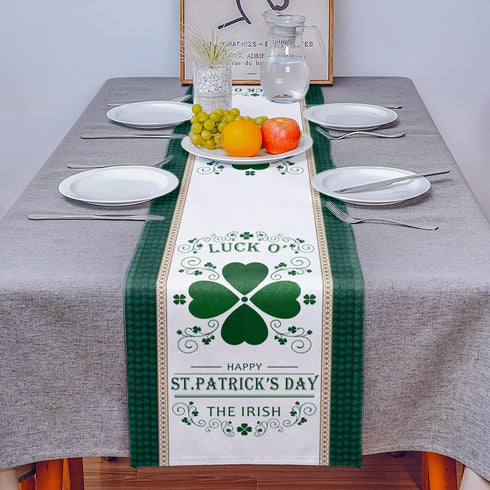 Linen Burlap Table Runner 13"x120", St. Patrick's Day Irish Lucky Shamrock Leaves Dresser Scarve, Non-Slip Farmhouse