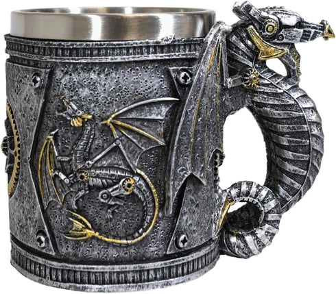 Ebros Gift Steampunk Nightcrawler Silver Firewheel Cyborg Dragon Beer Stein Tankard Coffee Mug