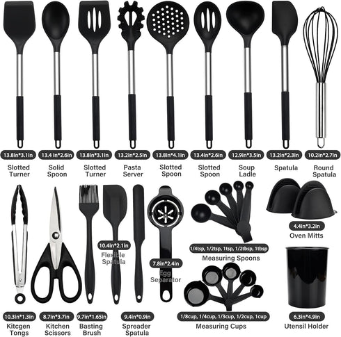 Kitchen Utensils Set | 28 Pcs Silicone Cooking Utensils Set with Holder, Black Stainless Steel Handle Kitchen Gadgets