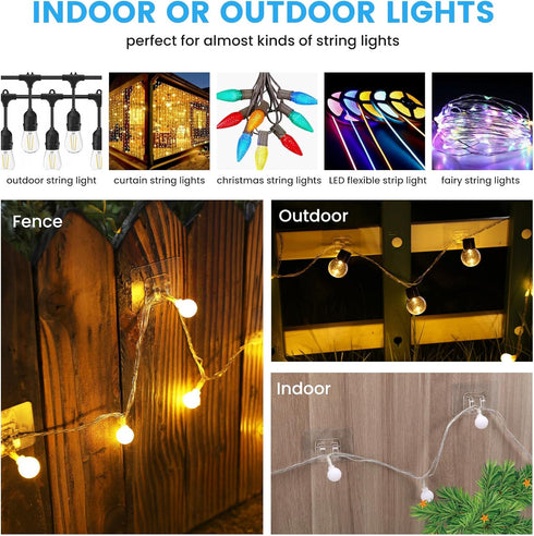 TEZOP 30Pcs Hooks for Outdoor String Lights Clips, Heavy Duty Adhesive Light Hooks for Hanging Christmas Light,Weather