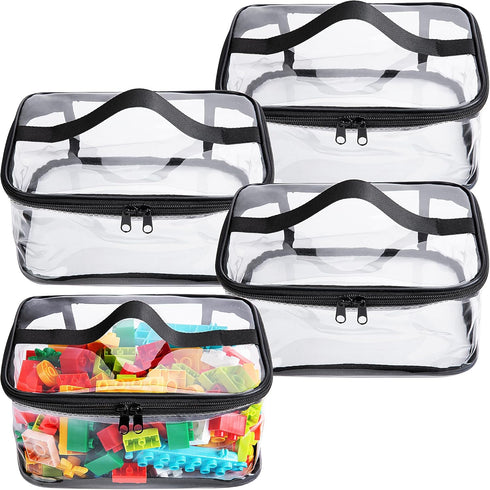 4 Packs Clear Toy Storage Bags, 9.4 x 6.7 x 4.3 Inch Transparent PVC Organizing Bags with Zipper for Small Toys (Black)