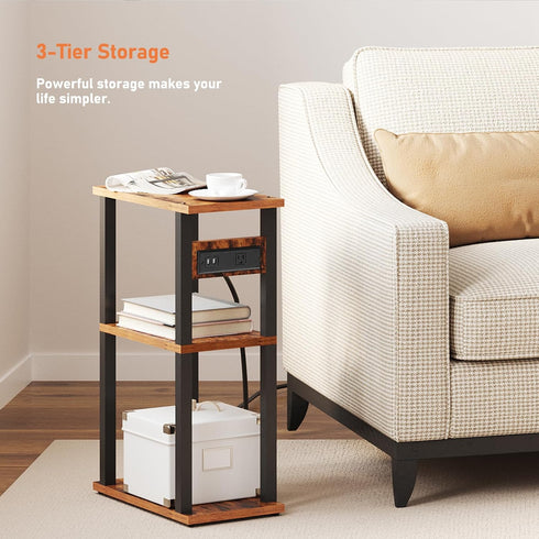 TB01BB046 TUTOTAK Small Narrow Side Table with Charging Station, Skinny End Table for Small Spaces, Slim Nightstand