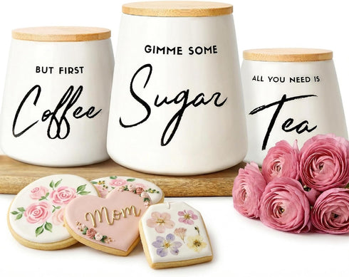 Coffee Tea and Sugar Ceramic Canister Set with Bamboo Lids - 3-Piece