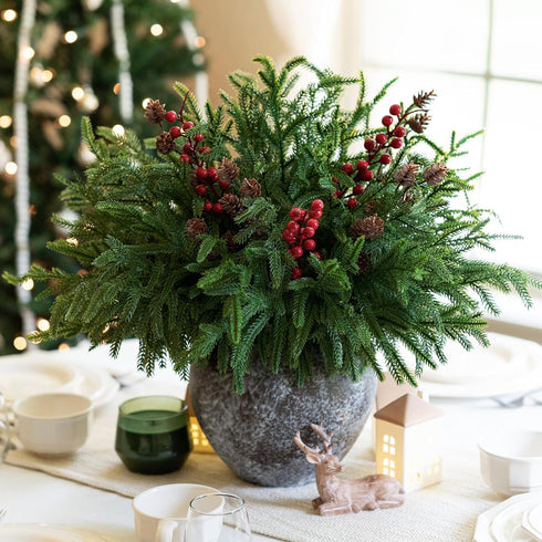 17 Branches,19 Inch HyeFlora PCS Christmas Norfolk Pine Stems with Small Pinecones and Red Berries Real Touch