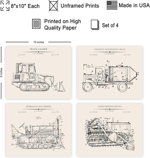 4-Piece Bulldozer 8x10 Poster Master Vintage Construction Blueprint Poster - Patent Print - Concrete Transporting Truck