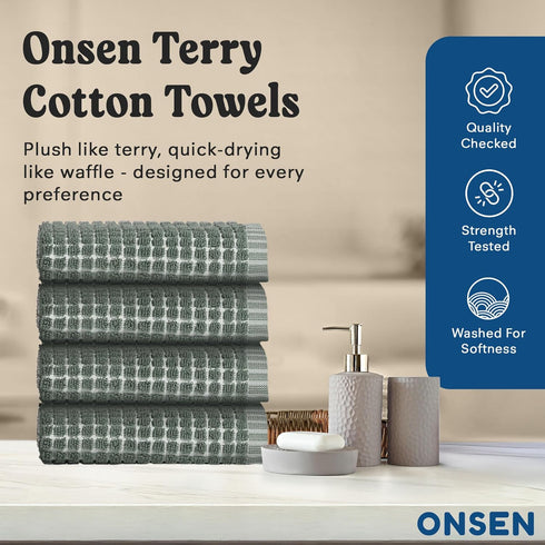 4X ONSEN Cotton Face Towel Sculpted Terry Texture, Quick-Dry, Low-Lint, Plush & Lightweight (Spruce, Face Towel)