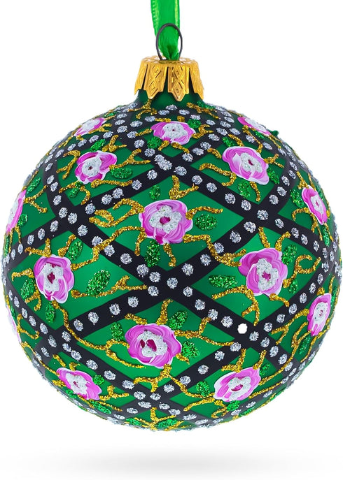 1907 Rose Trellis Royal Egg Green Glass Ball Christmas Ornament, 3.25 Inches