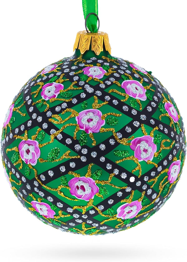 1907 Rose Trellis Royal Egg Green Glass Ball Christmas Ornament, 3.25 Inches