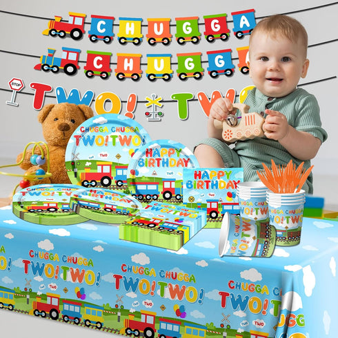 Gupesxu Decorations,142Pcs 2nd Shower,2nd Chugga Chugga Two Two Party Train Birthday Tableware Plates,Napkins,Cups
