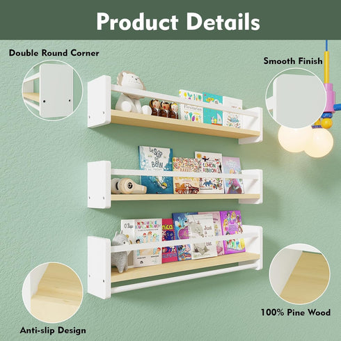 Set 3 15.8 Inches) MXCSE Nursery Floating Bookshelf for Kids, Wall Mounted Kids Book Shelf with Toy Storage, Pine Wood