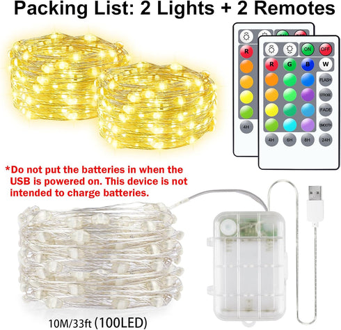 66ft 200LED 2 Pack 33ft 16 StarryEver Fairy Lights Battery Operated, Color Changing String Lights with Remote Timer