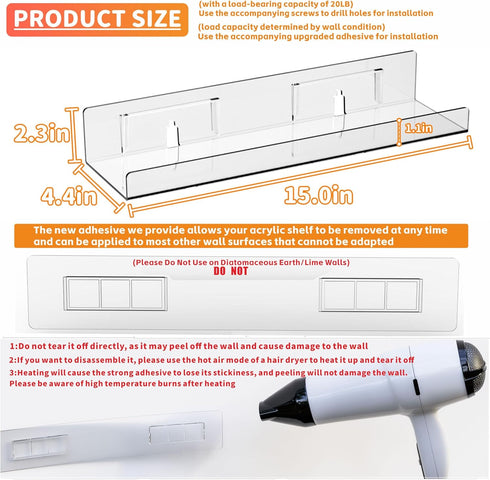 Yieach 6 Pack Acrylic Shelves for Wall Storage- No Drilling Adhesive Shelves - Clear Stick On Bathroom Wall Shelf