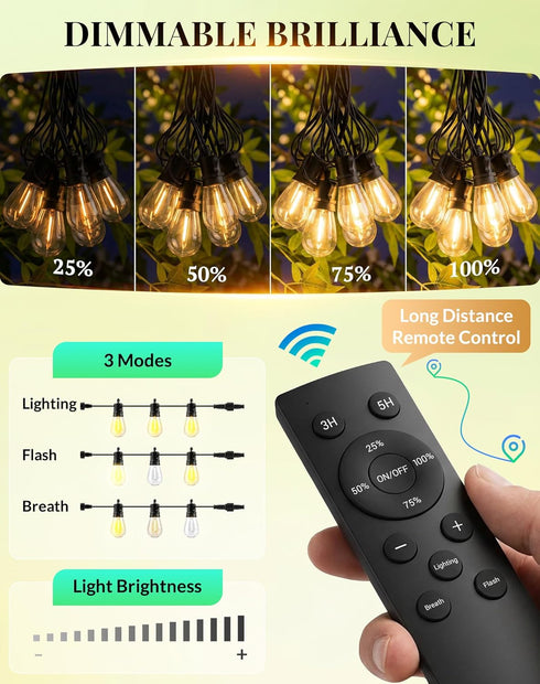 BYGUQ 50Ft Dimmable S14 Bulbs Outdoor String Lights LED Patio-Light - Outside Waterproof Porch Lights with Remote