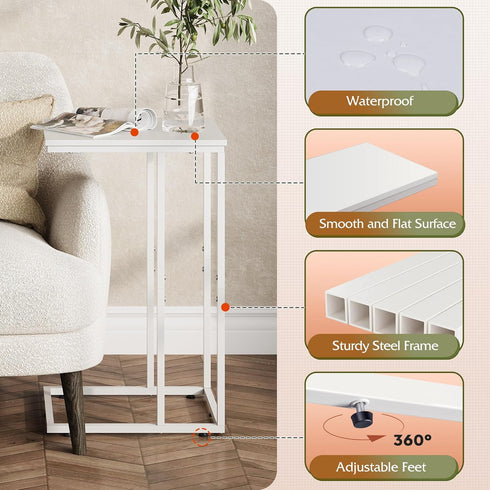 WLIVE Side Table, C Shaped End Table for Couch, Sofa and Bed, Large Desktop C Table for Living Room, Bedroom, Creamy