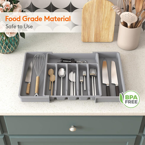 Lifewit Silverware Drawer Organizer, Expandable Utensil Tray for Kitchen, BPA Free Flatware Holder, Large, Grey