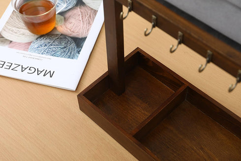 Wood Entryway Tabletop Key Holder Rack, Rustic Burnt Decorative Organizer with Storage Tray and Brass Tone Hooks